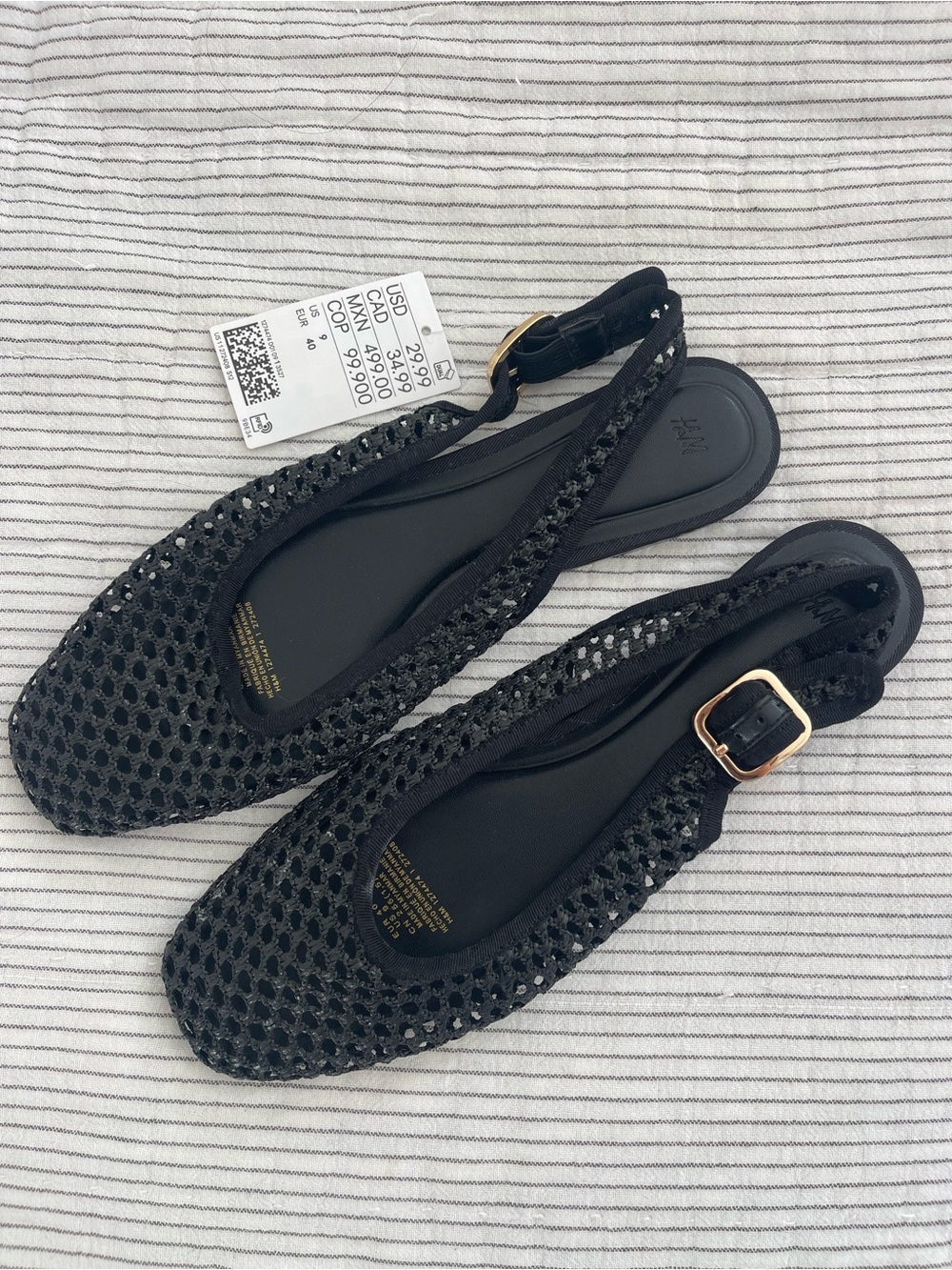 NWT H&M Black Mesh Slingback Flats with Gold Buckle